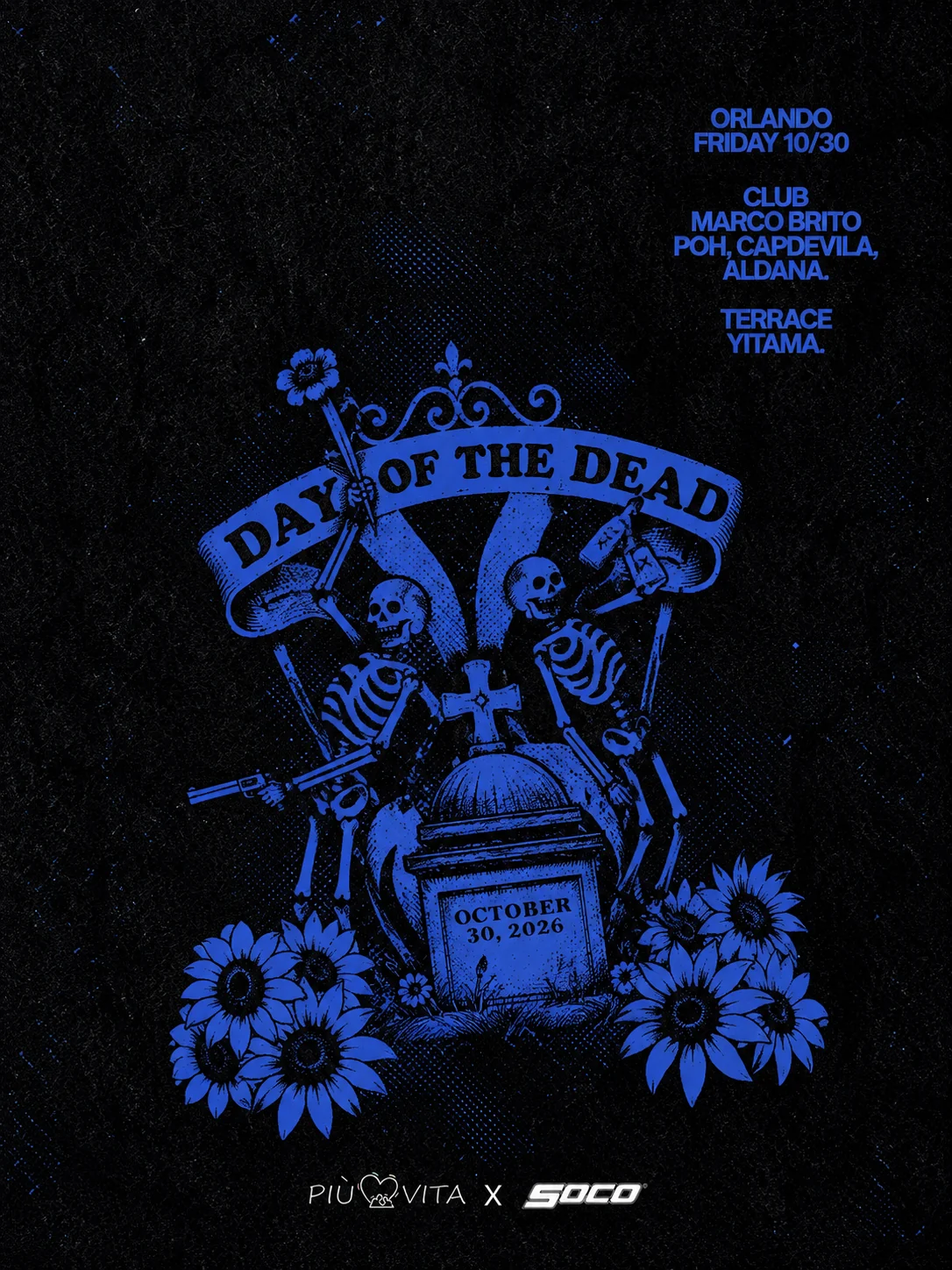 Flyer oficial azul y negro de Day of the Dead Orlando, 30 de octubre