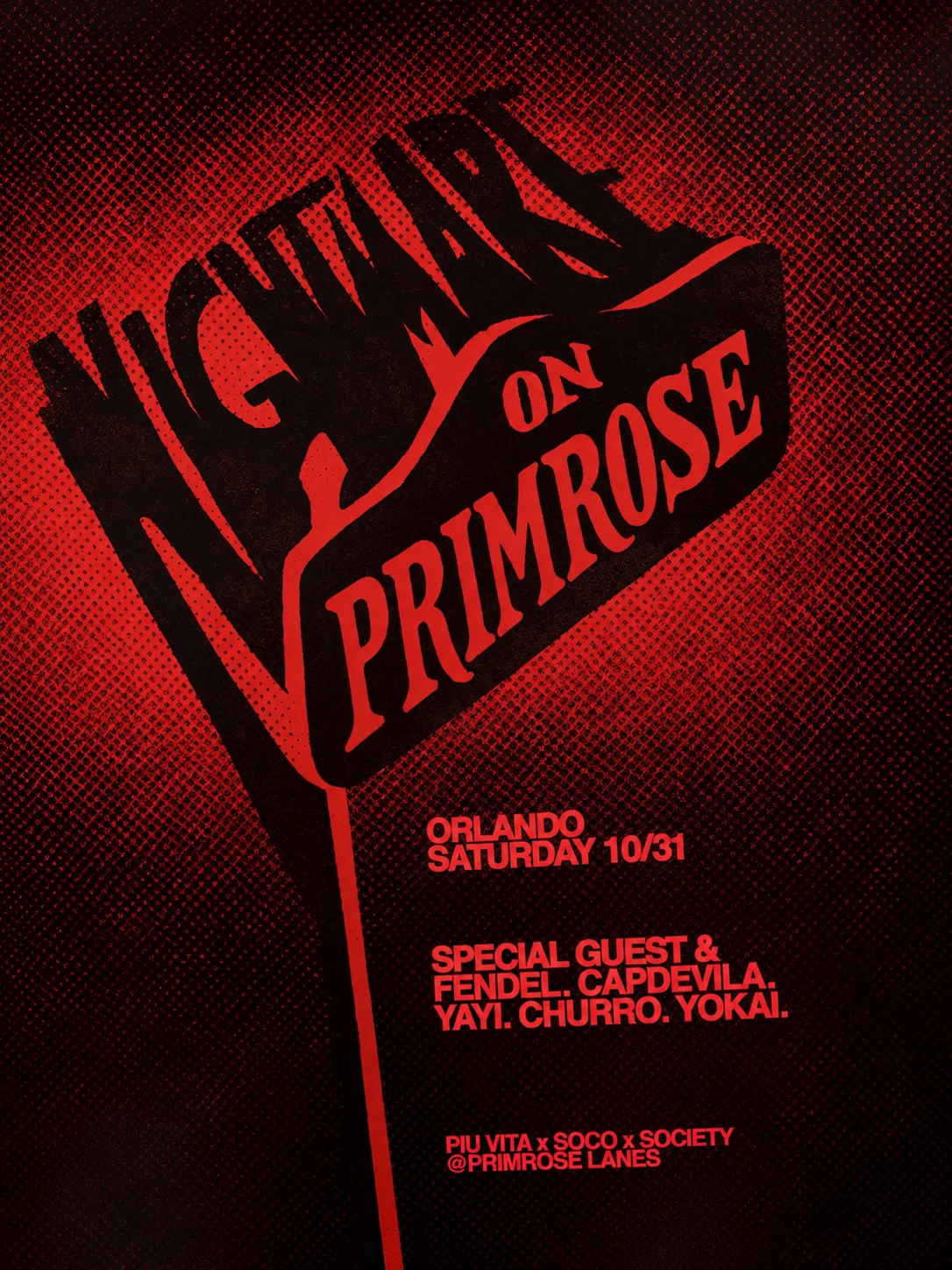 Flyer oficial rojo y negro de Nightmare on Primrose, 31 de octubre